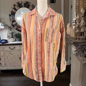 Pilcro Multi-Stripe Button-Up Shirt - Coral, Yellow & Blue
